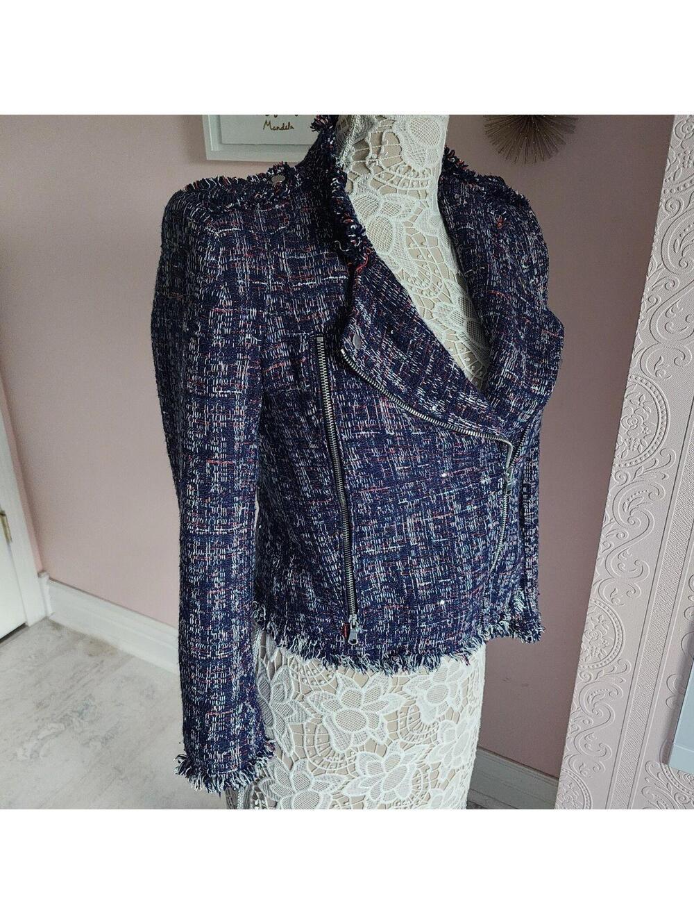 Zara Basic Tweed Moto Blazer Jacket Blue Fringe Zip Women's M